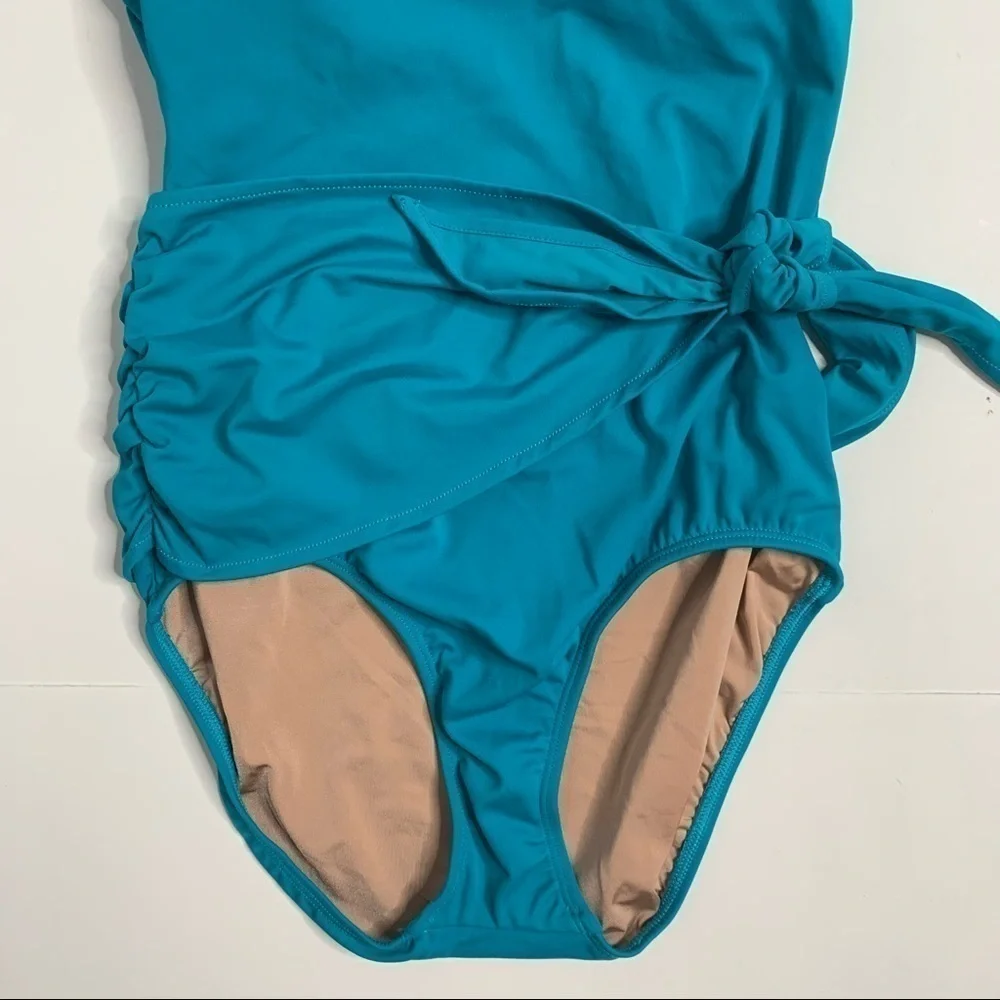 NWT Hermoza Genevieve Teal Waist Tie Halter One Piece Bathing Suit